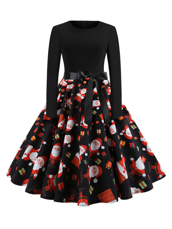 Christmas long-sleeved slim round neck printed dress