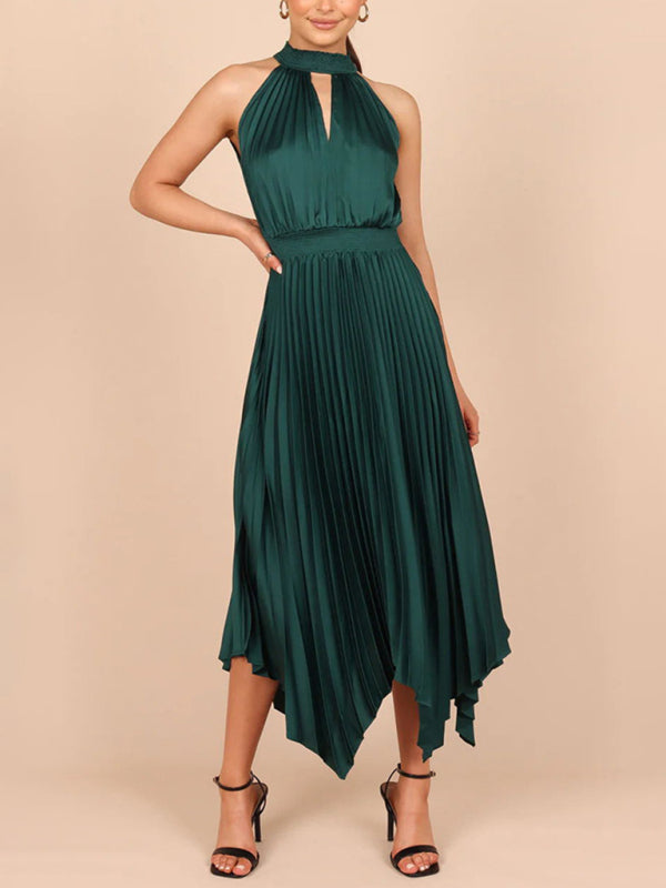 Robe plissée sans manches, couleur unie, col licou, col en v, jupe irrégulière, nouvelle collection 