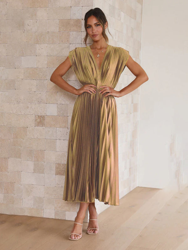 Robe sexy plissée décontractée sans manches avec fermeture éclair 