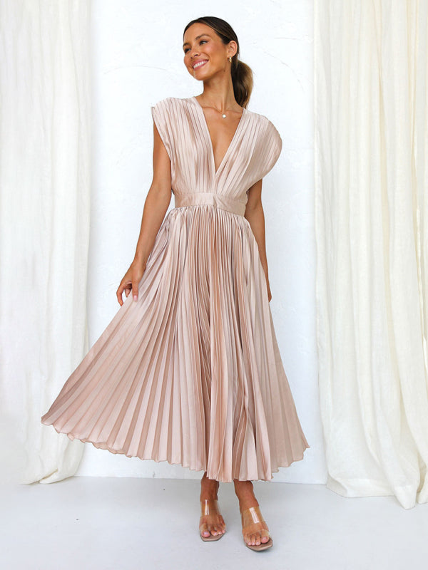 Robe sexy plissée décontractée sans manches avec fermeture éclair 
