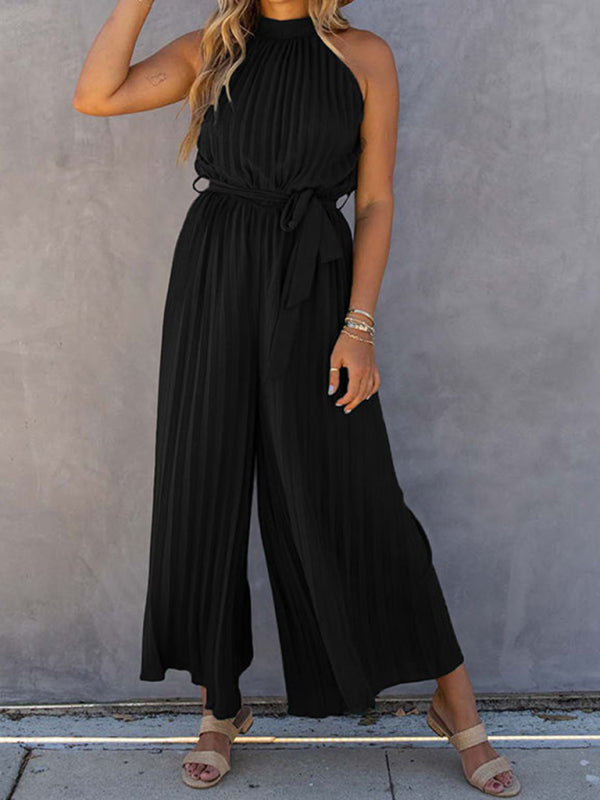 Black off-shoulder halter neck pleated jumpsuit
