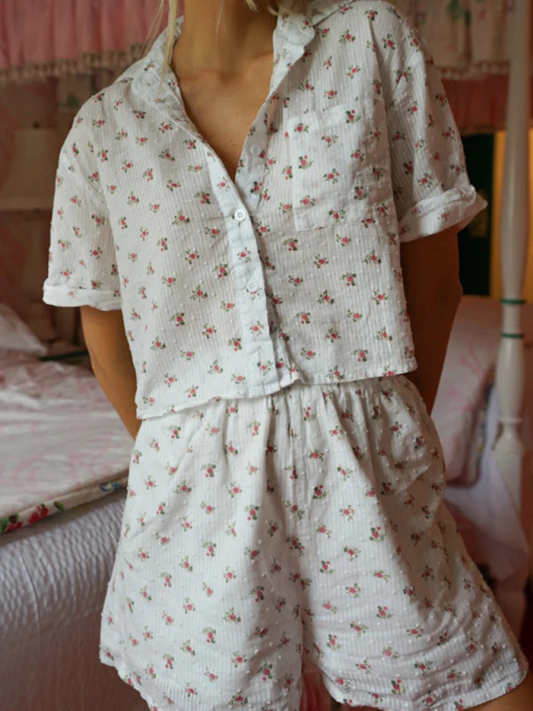 New French Floral Short Sleeve Lapel Pajama Set
