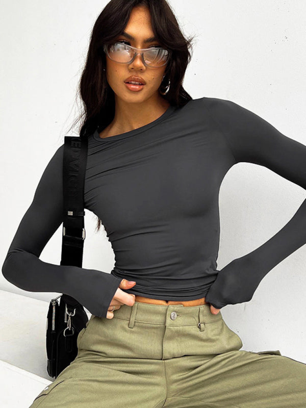 Neues Damen-T-Shirt mit Rundhalsausschnitt und langen Ärmeln in einfarbiger Farbe 