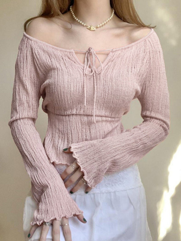 New elegant one-shoulder V-neck lace-up shoulder-length long-sleeved sweet fungus-trimmed sweater