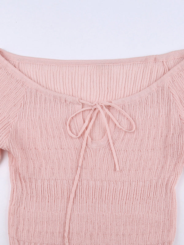 New elegant one-shoulder V-neck lace-up shoulder-length long-sleeved sweet fungus-trimmed sweater