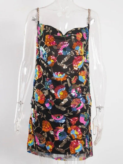 Sexy boat neck backless sequin floral chain women&