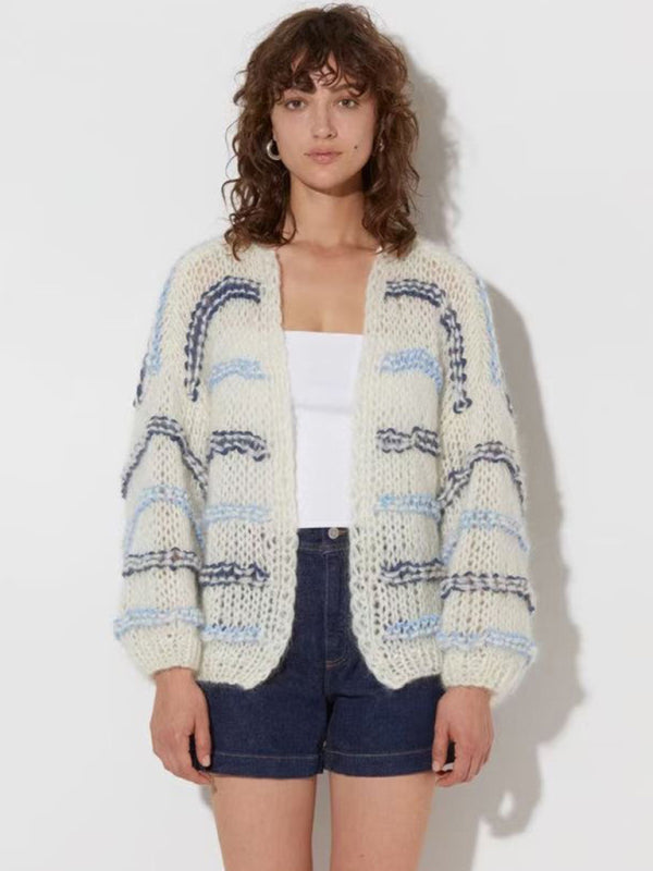 Conçu pour être une niche, ample, à la mode et polyvalent, cardigan tricoté de style paresseux à rayures contrastées 