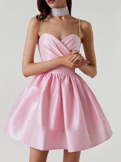 Robe plissée à bretelles pour femmes, jupe à strass de tempérament sexy 