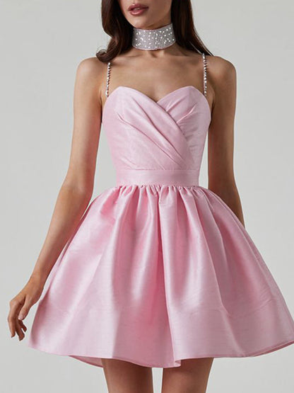 Robe plissée à bretelles pour femmes, jupe à strass de tempérament sexy 