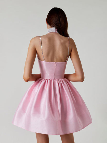 Robe plissée à bretelles pour femmes, jupe à strass de tempérament sexy 