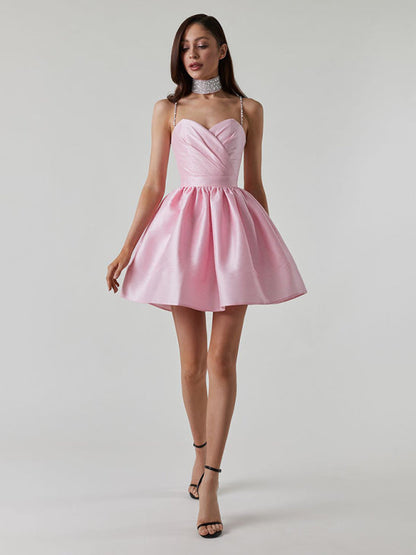 Robe plissée à bretelles pour femmes, jupe à strass de tempérament sexy 