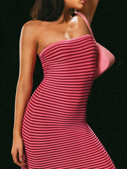 Tube top long knitted striped sexy slim fit hip-hugging dress
