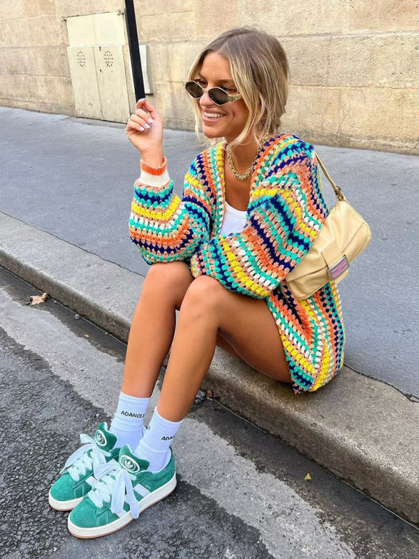 Cardigan de mode de rue pour femmes, pull multicolore au Crochet à la main 