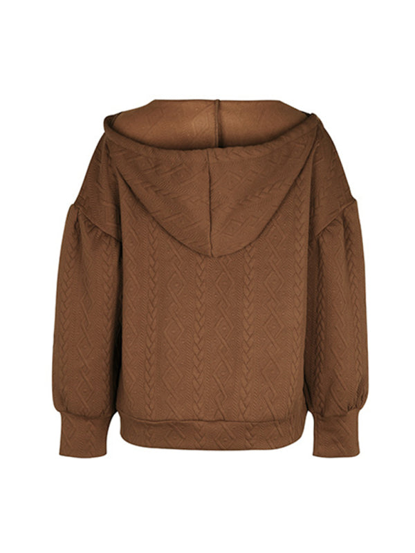 Back view of brown knitted hooded sweatshirt