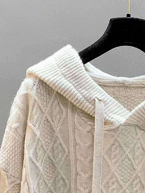 Pull tricoté ample à capuche torsadé pour femme 