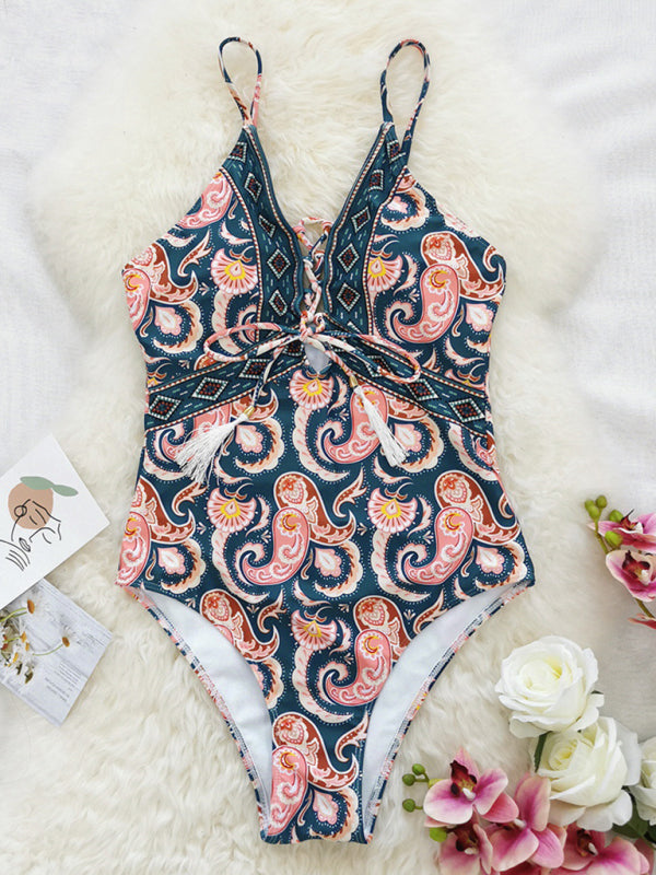 New deep V strappy one-piece swimsuit cashew flower print triangle one-piece swimsuit