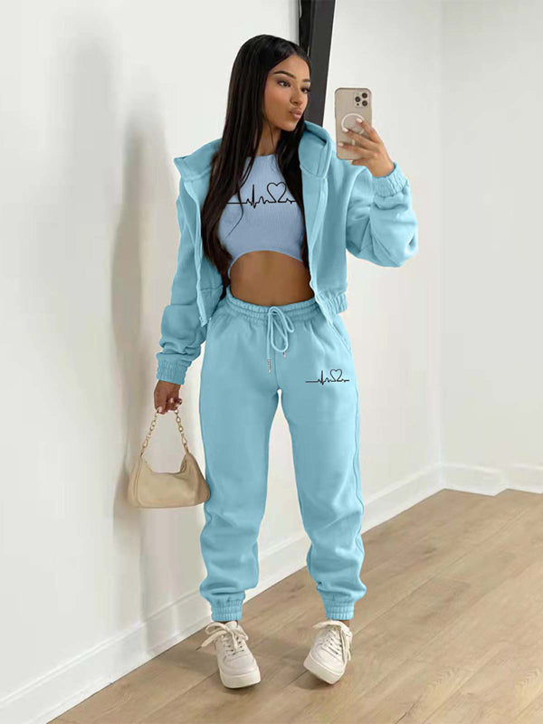 New velvet sweatshirt hooded letter print casual suit (three-piece set)