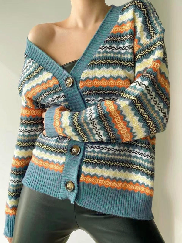 Nouveau Pull tricoté de couleur contrastée à la mode, veste Cardigan, pull 