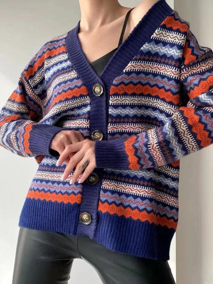 Nouveau Pull tricoté de couleur contrastée à la mode, veste Cardigan, pull 