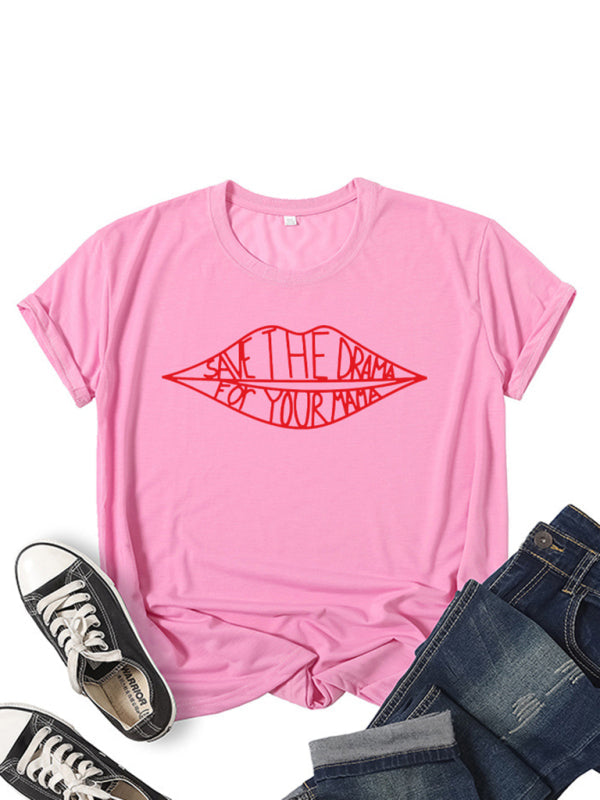 SAVE THEDRAMA Damen-Kurzarm-T-Shirt mit Lippengrafik-Print 