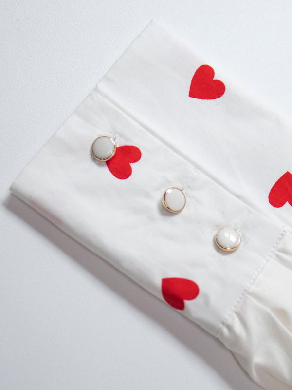 Neues rotes Love-Print-Hemd für Damen mit Puppenkragen und Laternenärmeln 