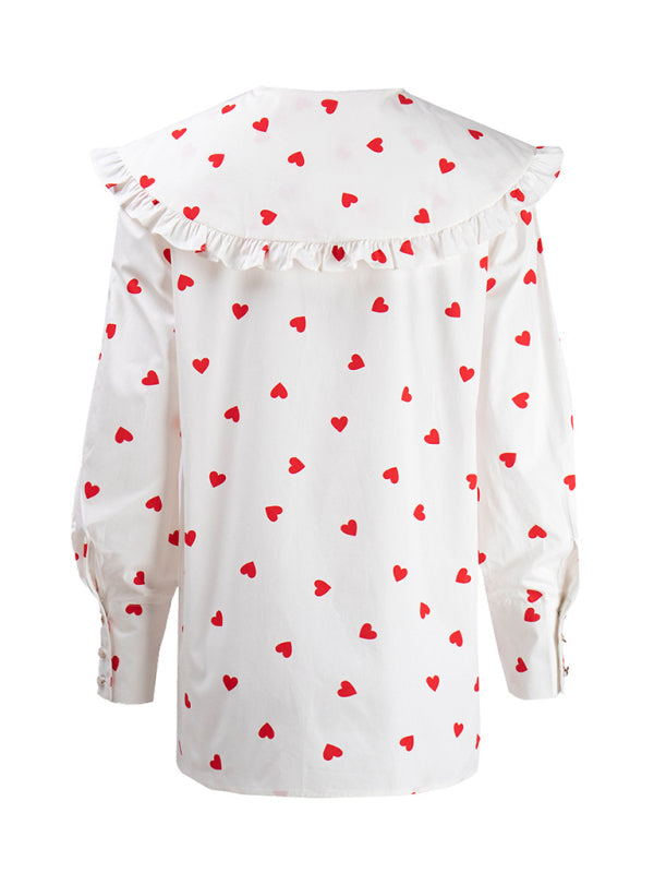 Chemise à manches lanternes et col de poupée imprimé amour rouge pour femmes, nouvelle collection 