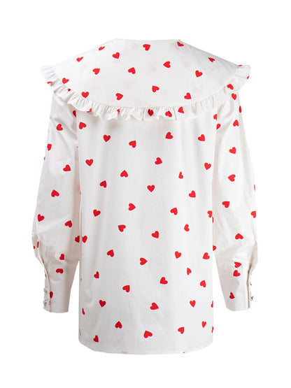 Neues rotes Love-Print-Hemd für Damen mit Puppenkragen und Laternenärmeln 