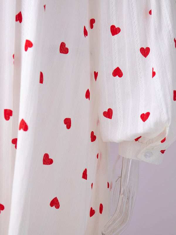 Robe trapèze en pur coton à manches longues lanterne, imprimé amour rouge pour femmes, nouvelle collection 