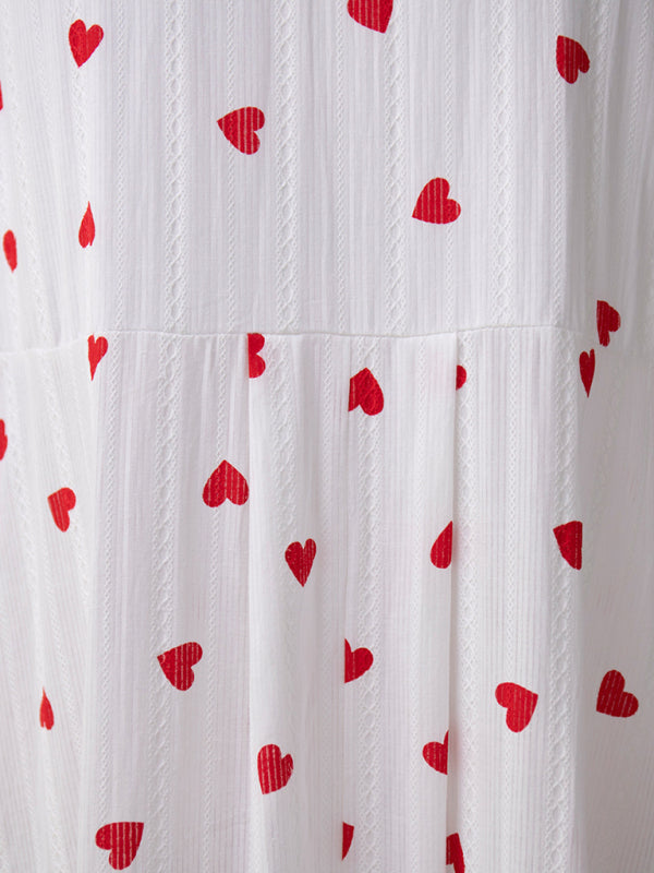 Robe trapèze en pur coton à manches longues lanterne, imprimé amour rouge pour femmes, nouvelle collection 