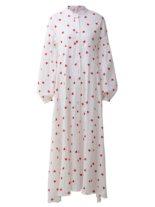 Robe trapèze en pur coton à manches longues lanterne, imprimé amour rouge pour femmes, nouvelle collection 