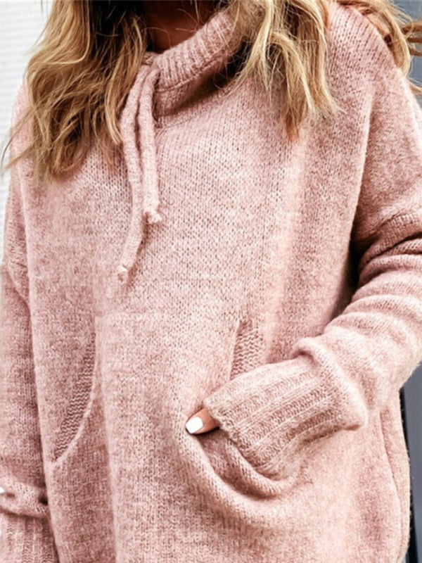 Sweat à capuche tricoté pour femmes, tricot décontracté avec poche kangourou 