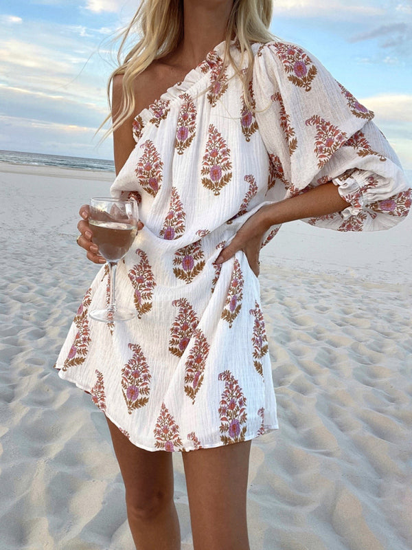 Robe décontractée à manches lanternes pour femmes, nouvelle collection à épaules inclinées 