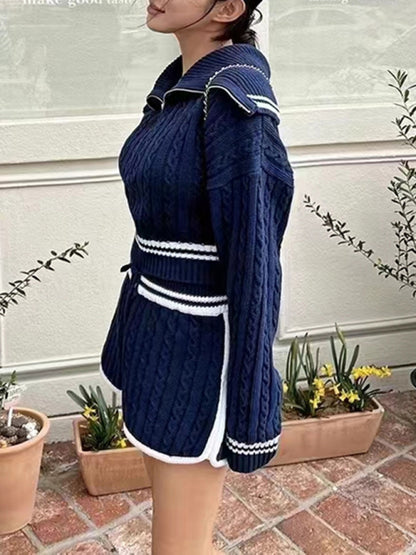 Damen-Strickpullover mit Twist, großem Revers, kurzer, hoher Taille, Kordelzug in der Taille, kontrastfarbener Besatz 