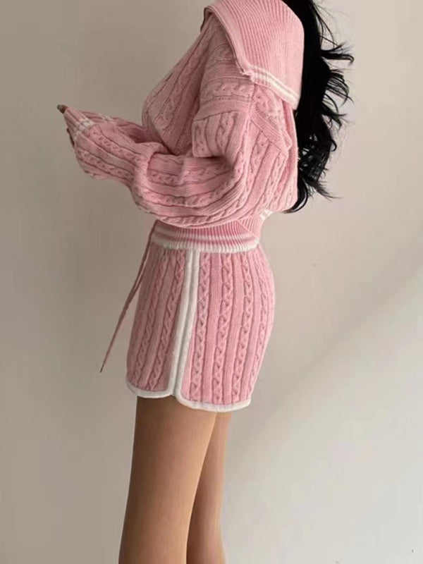 Damen-Strickpullover mit Twist, großem Revers, kurzer, hoher Taille, Kordelzug in der Taille, kontrastfarbener Besatz 