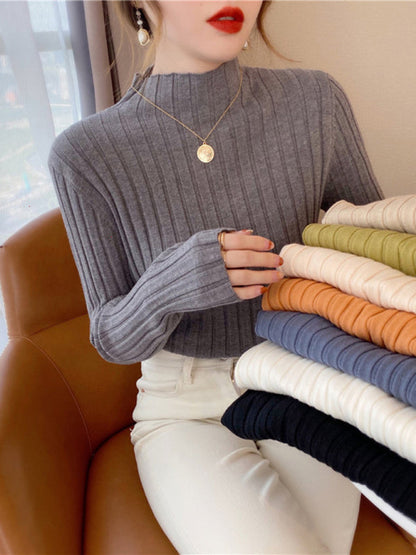 Pull côtelé à col roulé pour femme 