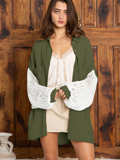 Chemise décontractée à manches longues en patchwork tricoté pour femmes 