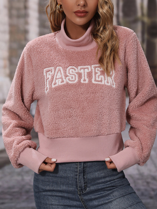 Pull femme col rond manches longues lettre brodée sweat rose glace 