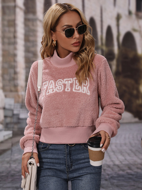 Pull femme col rond manches longues lettre brodée sweat rose glace 