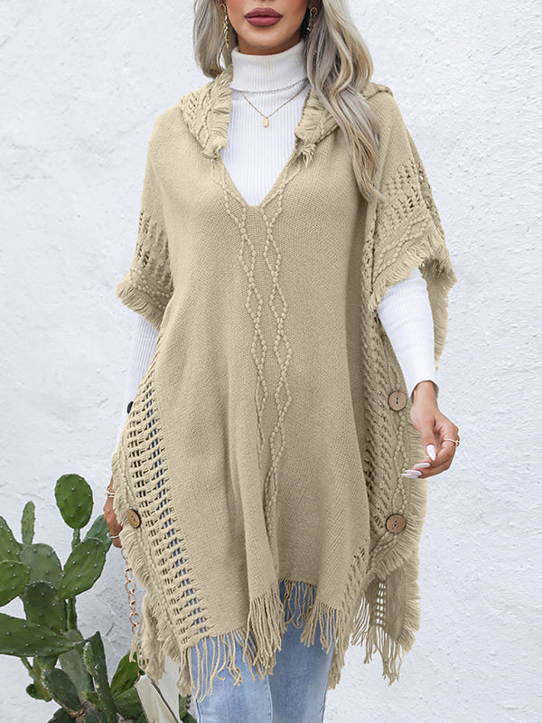 Beige V-tie hooded pullover sweater vest cloak