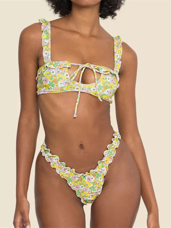 Neuer, mehrfarbig bedruckter, kleiner, frischer Badeanzug mit geteilter Spitze und Bikini für Damen 