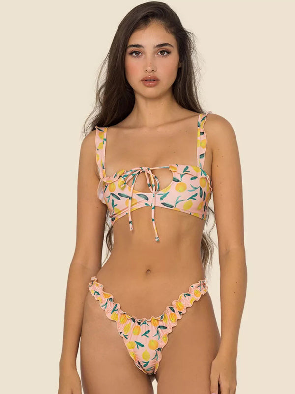 Nouveau maillot de bain imprimé multicolore pour femmes, petit maillot de bain frais, fendu en dentelle, bikini 