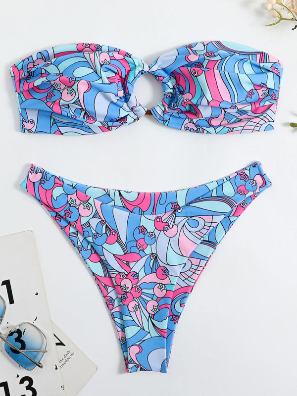 Neuer geteilter, digital bedruckter Bandeau-Badeanzug-Bikini aus doppeltem Stoff für Damen 