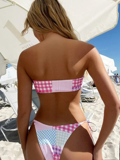 Damen-Badeanzug mit Hot Spring Resort-Karomuster und Schnürung, kleiner, frischer Split 