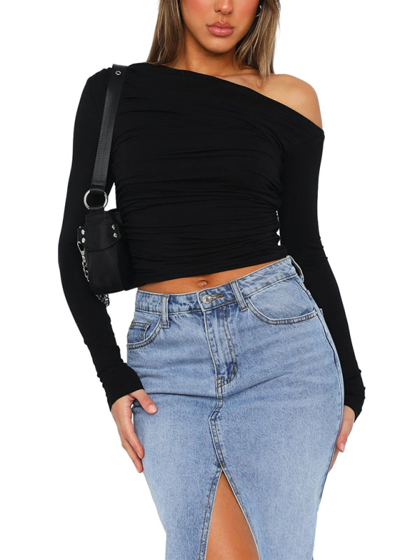 Schulterfreies, asymmetrisches, einfarbiges Crop-Top für Damen mit langen Ärmeln und sexy Slim-Fit-T-Shirt 