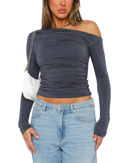 Schulterfreies, asymmetrisches, einfarbiges Crop-Top für Damen mit langen Ärmeln und sexy Slim-Fit-T-Shirt 