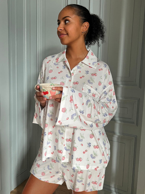 New long-sleeved printed pajamas with slits, loose long-sleeved shorts, home wear set