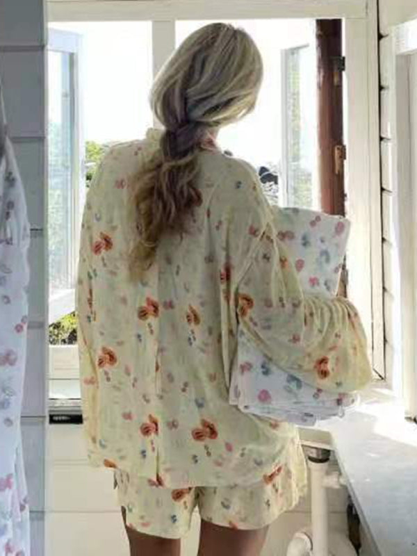 New long-sleeved printed pajamas with slits, loose long-sleeved shorts, home wear set