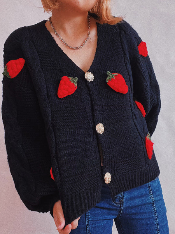 Casual loose strawberry embroidered burlap single-breasted knitted sweater jacket cardigan