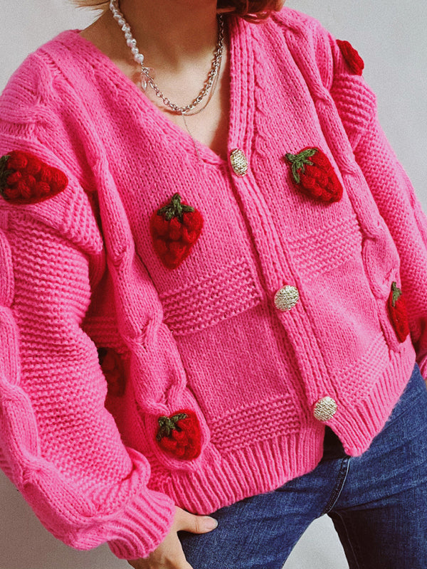 Cardigan décontracté en toile de jute brodée de fraises, pull tricoté à simple boutonnage 