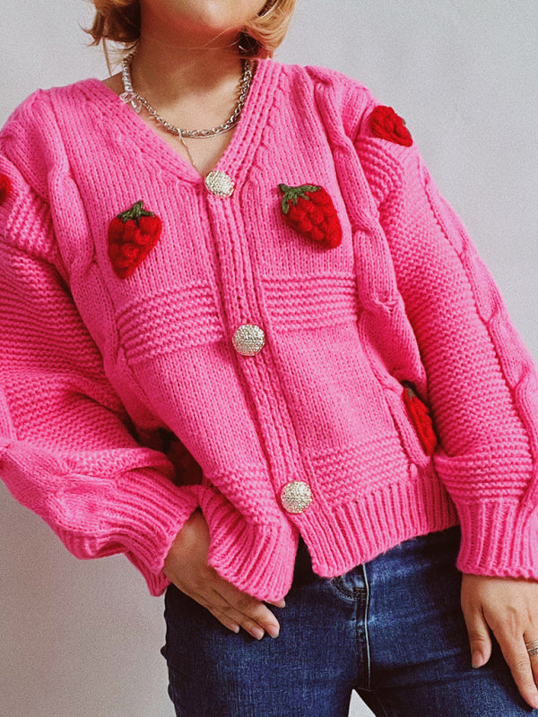 Cardigan décontracté en toile de jute brodée de fraises, pull tricoté à simple boutonnage 